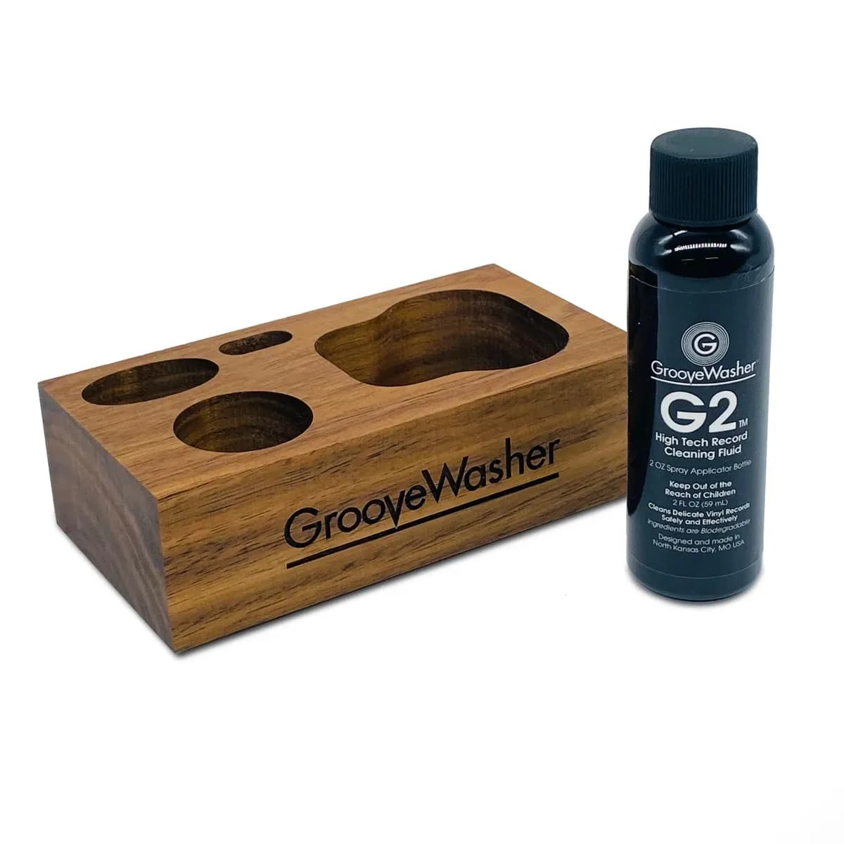 GrooveWasher – Bloque Expositor de Nogal + Líquido Limpiador G2 2oz